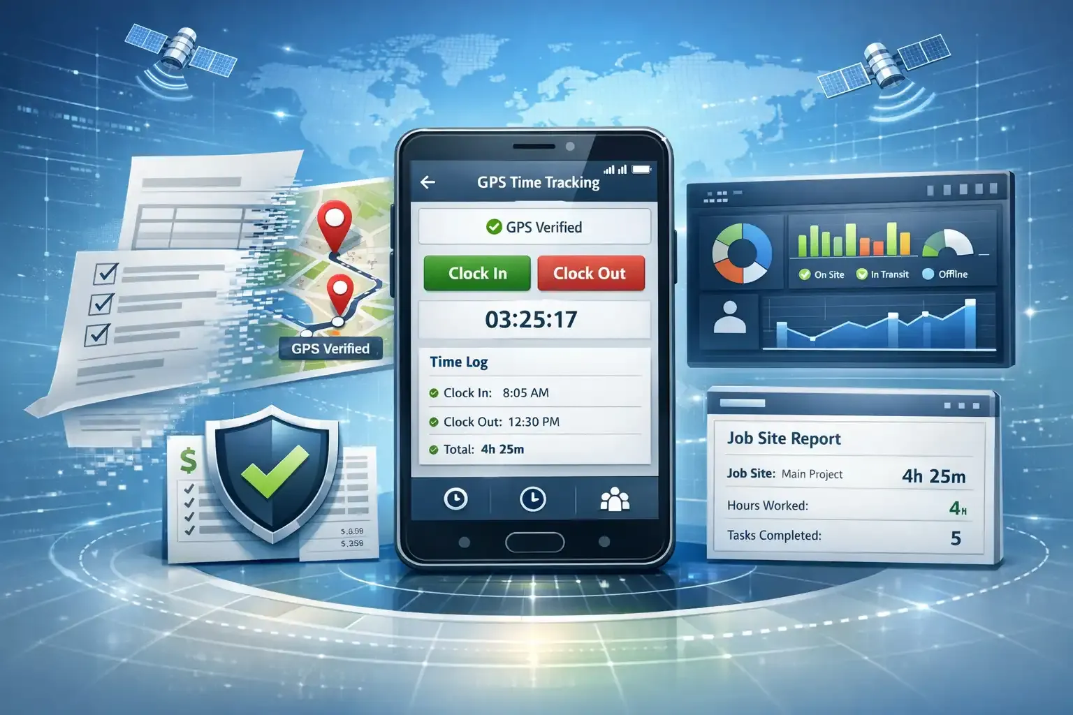 GPS time tracking dashboard with GPS map, payroll security, and reports